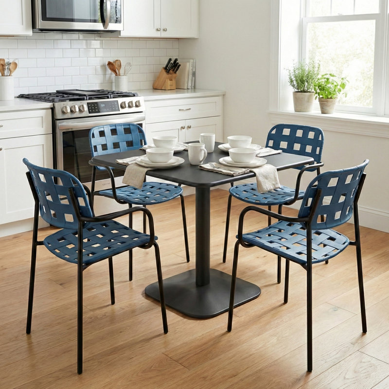 4 -Person Steel Dining Set, Black, Blue/Black