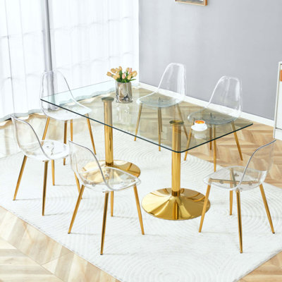 7-Piecetable And Chair Set, Tempered Glass Dining Table With 6 Transparent Plastic Chairs