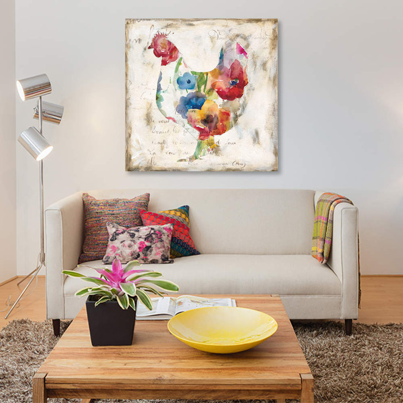 Reproduction de fleur de poule sur toile, H 12 po x l 12 po x P 0,75 po, Toile tendue, Pas de tapis