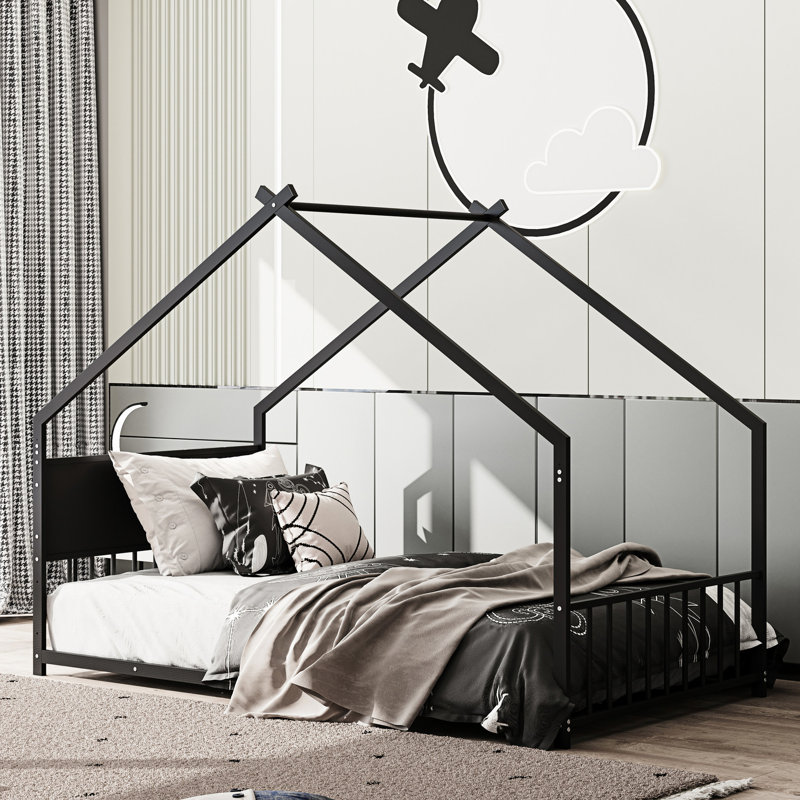 Lit simple avec lumières et fabrication en métal - sans sommier (métal noir,, Lit simple