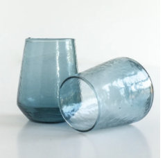 S/2 Handblown Hammered Glass Water Tumbler- Blue