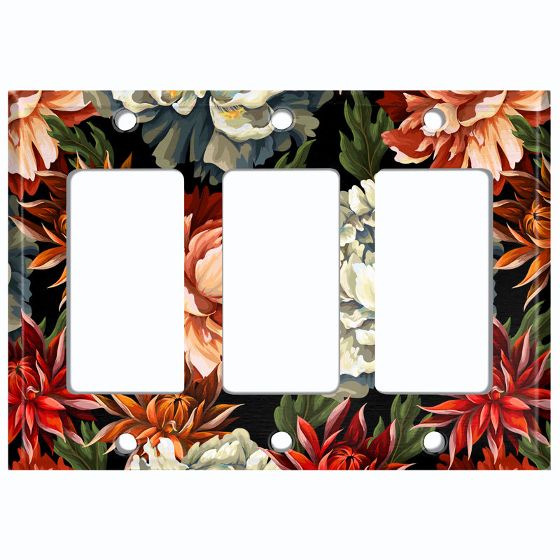Flower Colorful Paint Black Print 3 - Gang Toggle Light Switch Standard Wall Plate