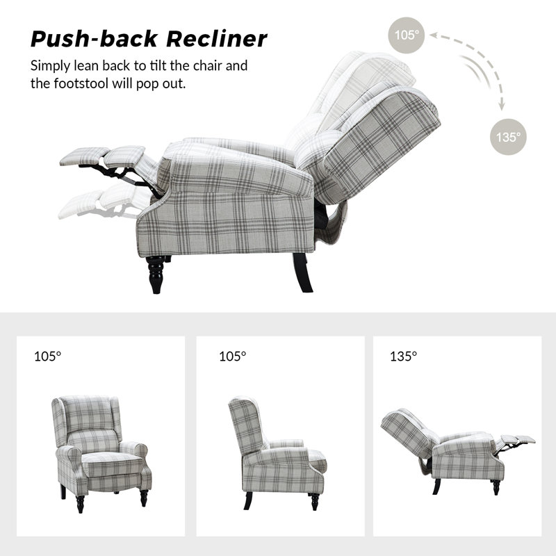 Plaid Gray Wingback Recliner with Manufactured Wood Frame
