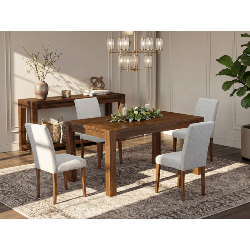 Cet ensemble de table de salle à manger 5 pièces comprend une table rectangulaire en bois rustique et 4 chaises revêtues de tissu de lin, 36 x 60 po, noyer naturel