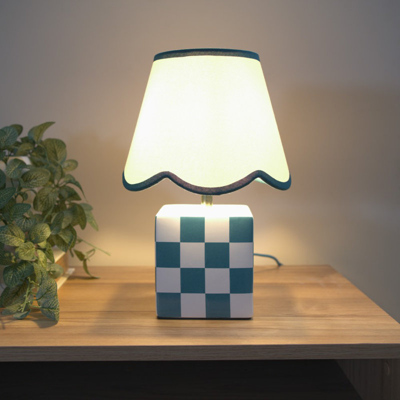 Evie Set of Ceramic Cube Checkered Table Lamp with Green Trim Linen Scallop Shade and LED Bulb, Yes
