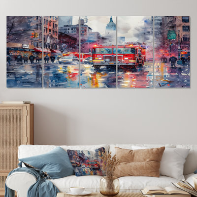 «Red Fire Truck In New York II - Fireman», ensemble d'art sur toile