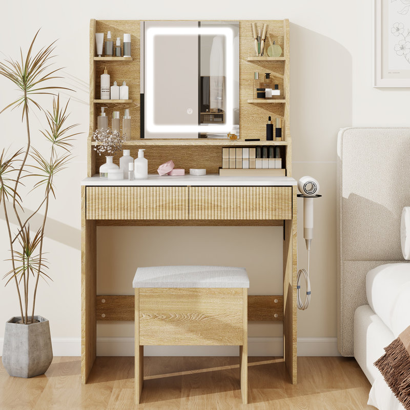 Makeup Vanity Desk With Mirror And Lights, 31.4" Dressing Table With Power Outlet And Storage Stool