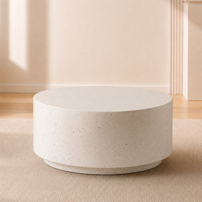 36" Modern Fiberstone Coffee Table - Round Stone Accent Center Table - All-Weather Indoor Outdoor Wide Patio Table