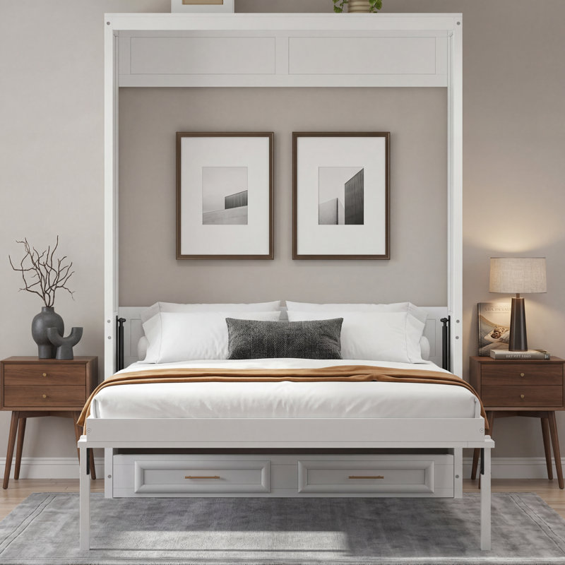 Lit escamotable double avec 2 tiroirs, beige