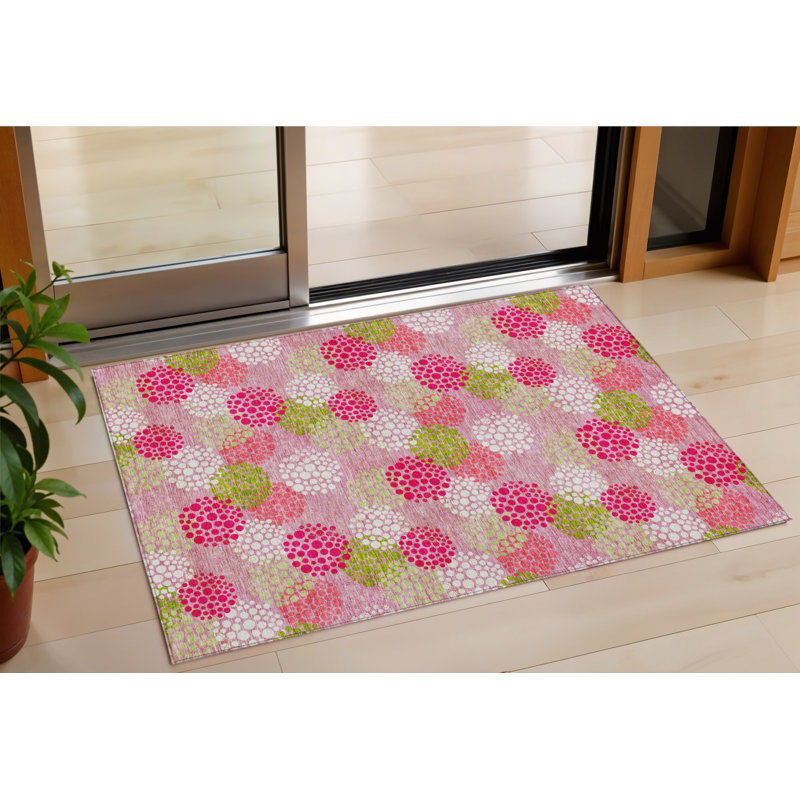 Tapis intérieur lavable à pois rose vert et ivoire 3 pi x 5 pi
