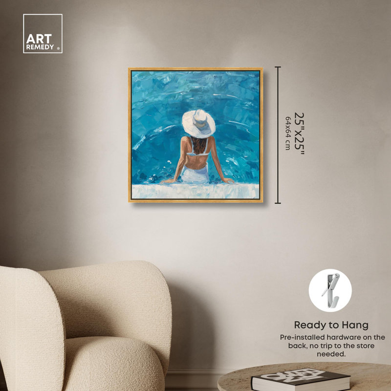 Art moderne de plage sur toile au bord de la piscine par Art Remedy, Cadre doré, H 25 po x l 25 po