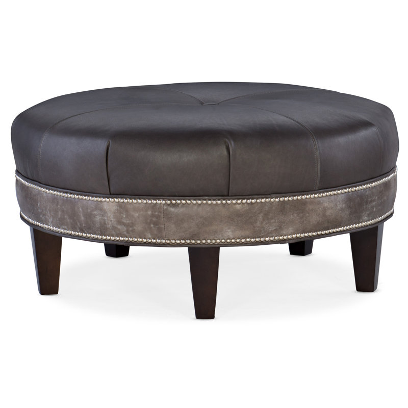 Well-Rounded Upholstered Ottoman, No Nailhead, Stone, Aline Light Gray Stonewash Genuine Leather