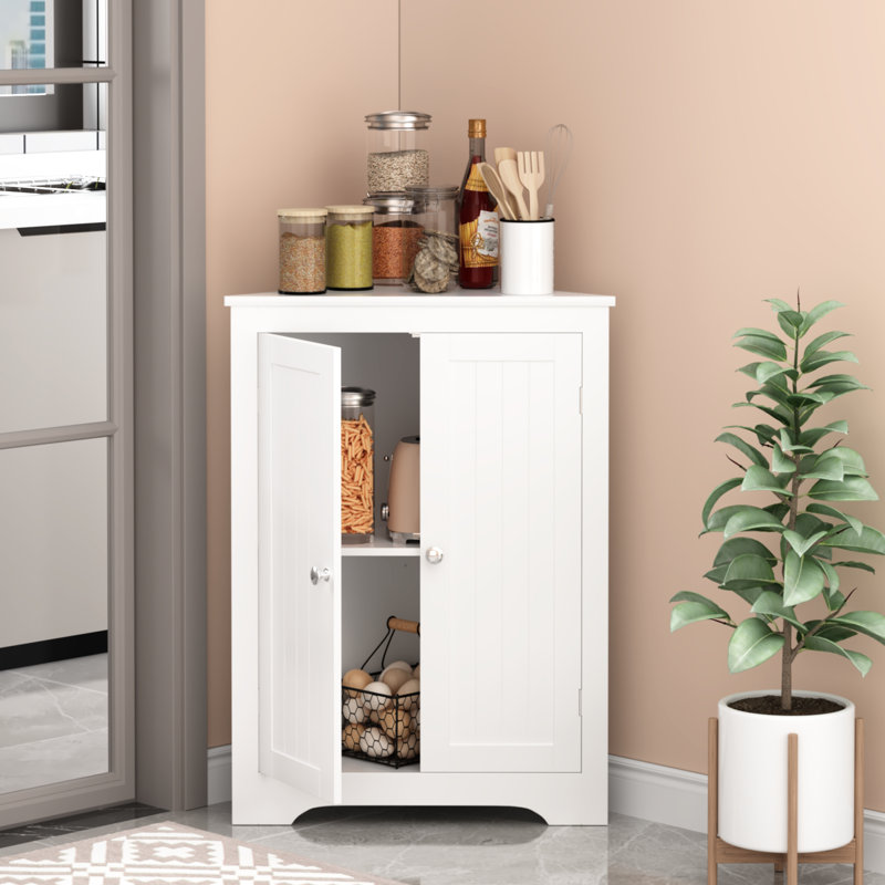 Corner Cabinet In White With Adjustable Shelf And 2 Doors - Freestanding For Bathroom, Kitchen, Living Room Graceful Storage Shelves For Appealing Design