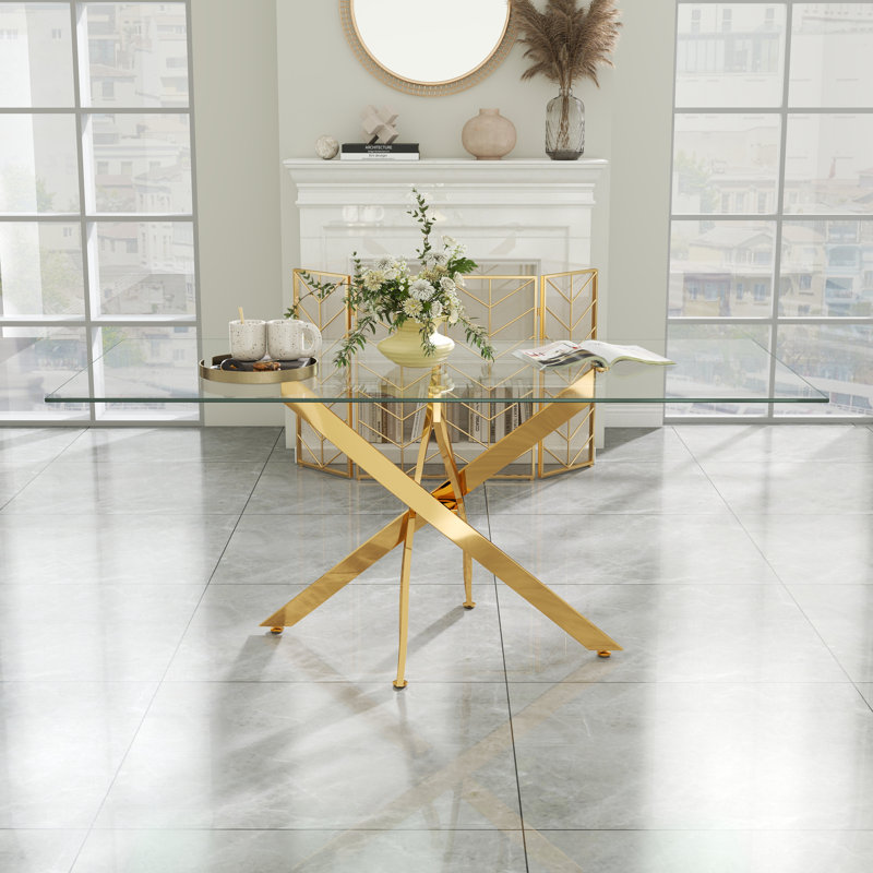 Table de salle à manger rectangulaire en verre trempé avec piédestal en acier inoxydable, H 29,3 po x L 71 po x l 35,4 po