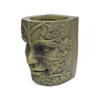 MGO Garden Urn Planter - Antique Green Cast Stone Face Pot for Outdoor Patio & Backyard Decor