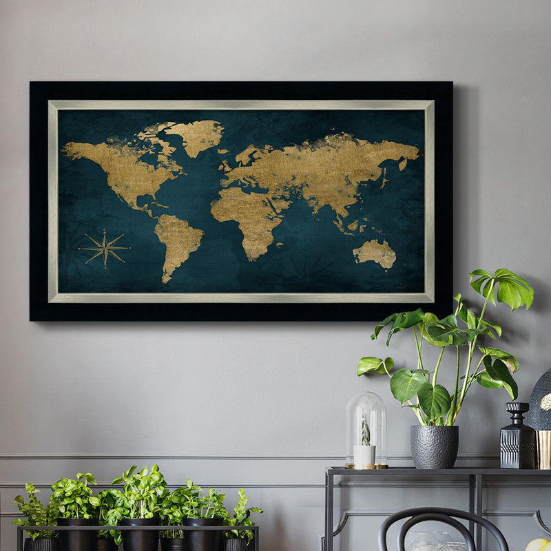 Bleu marine carte or - reproduction d'un seul cadre photo sur toile, H 25 po x l 45 po x P 2,5 po