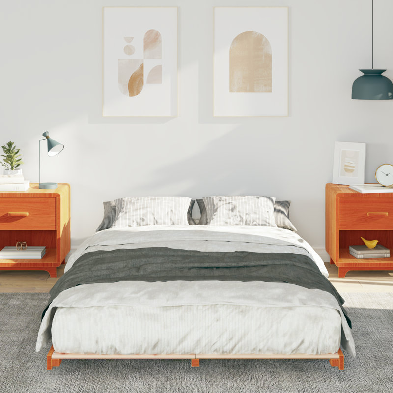 Floor Bed Frame Solid Pine Wood, Double (4'6), Wax Brown