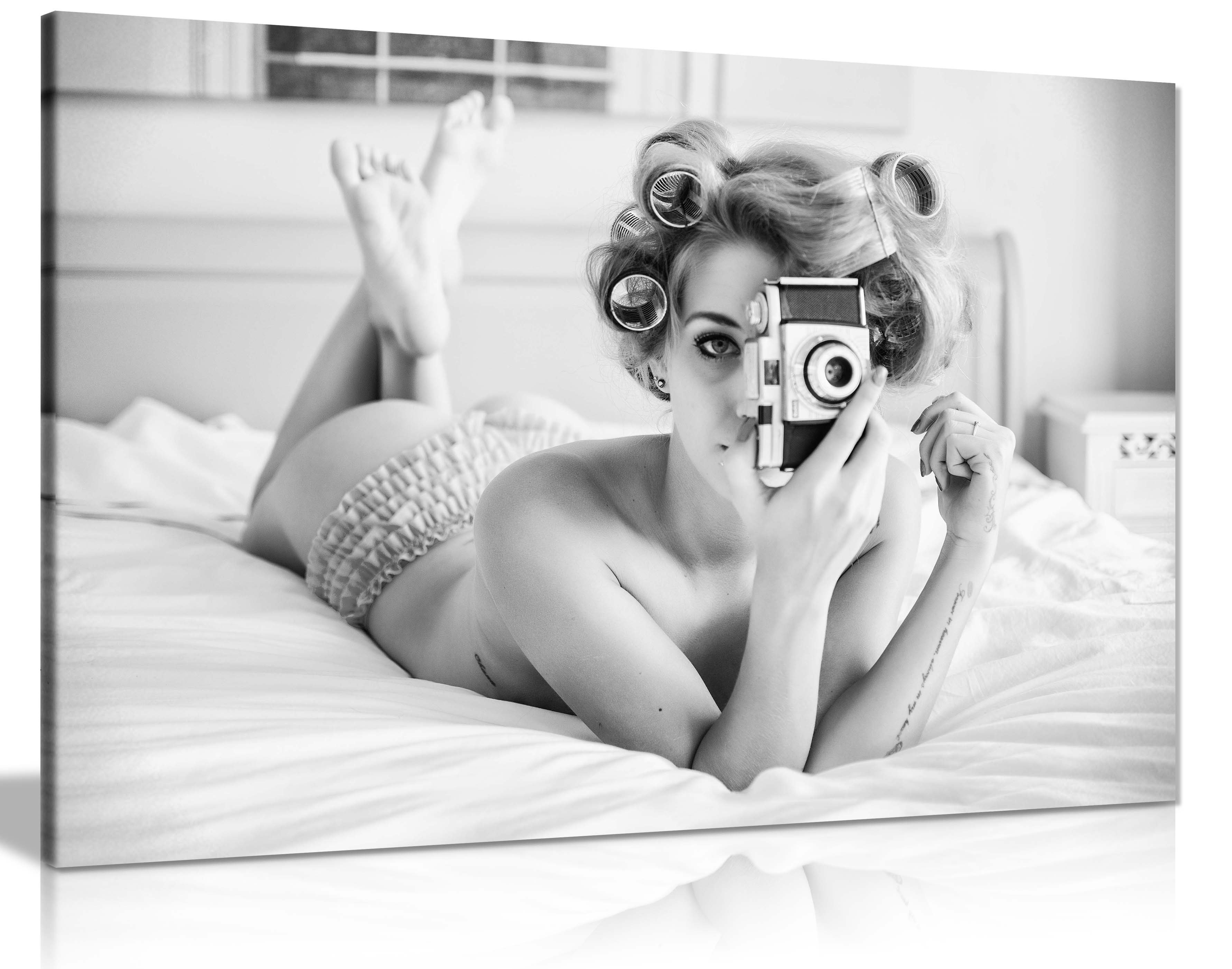 Retro Half-Naked Woman With Vintage Camera - Wrapped Canvas Art Prints