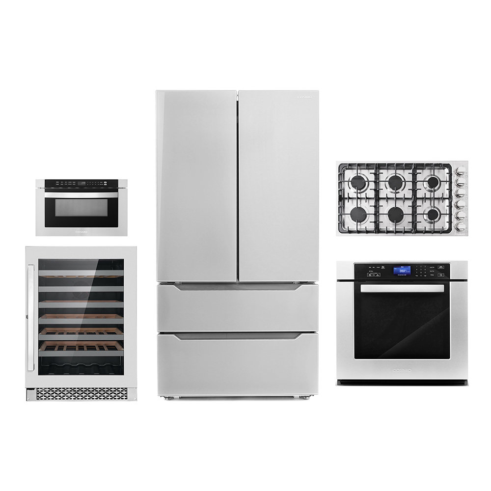 Cosmo 5 Piece Kitchen Appliance Package with French Door Refrigerator , 36'' Gas Cooktop , Wall Oven , Microwave Drawer , and Wine Refrigerator Cosmo