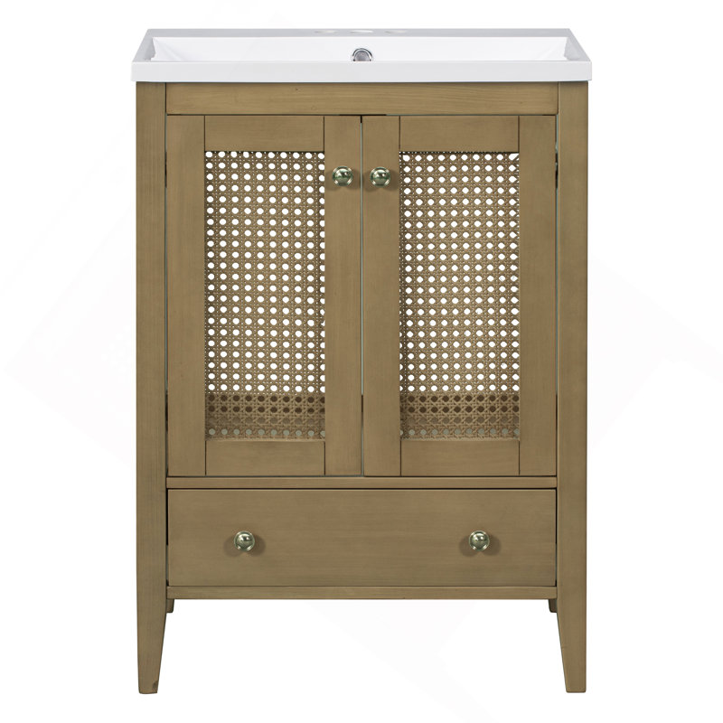 Meuble-lavabo de salle de bain 24 po avec lavabo en céramique, armoire de rangement en rotin avec deux portes et tiroir, cadre solide, naturel
