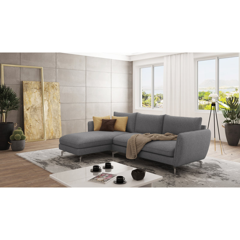 Modern L-Shape Corner Sofa Kimo with Silver Metal Legs, Grey, Left Hand Facing