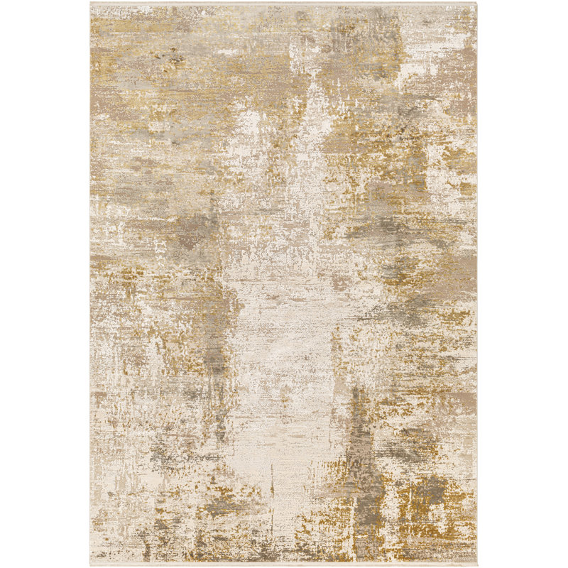 Hilma Abstract Machine Woven Area Rug in Gold/Beige, Rectangle 10' x 14'