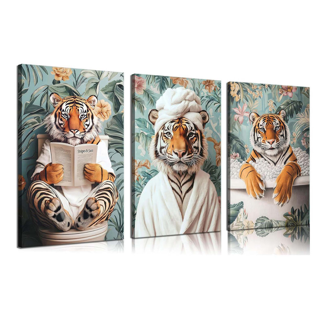 3Pcs Funny Bathroom Tiger Canvas Wall Art Boho Tropical Botanical Tiger Reading Newspaper On Toilet Wall Decor Pictures Animal Humor In Bathtub Poster