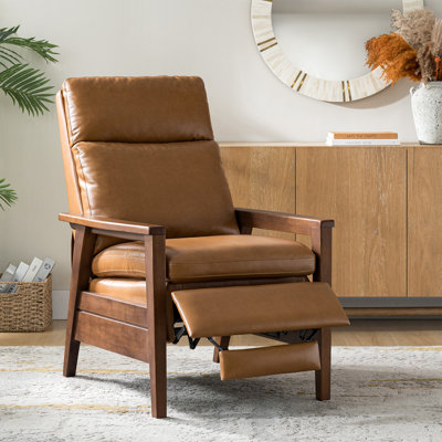 Gladys Mid-Century Modern Genuine Leather Pushback Recliner with Solid Wood Arms by Corrigan Studio