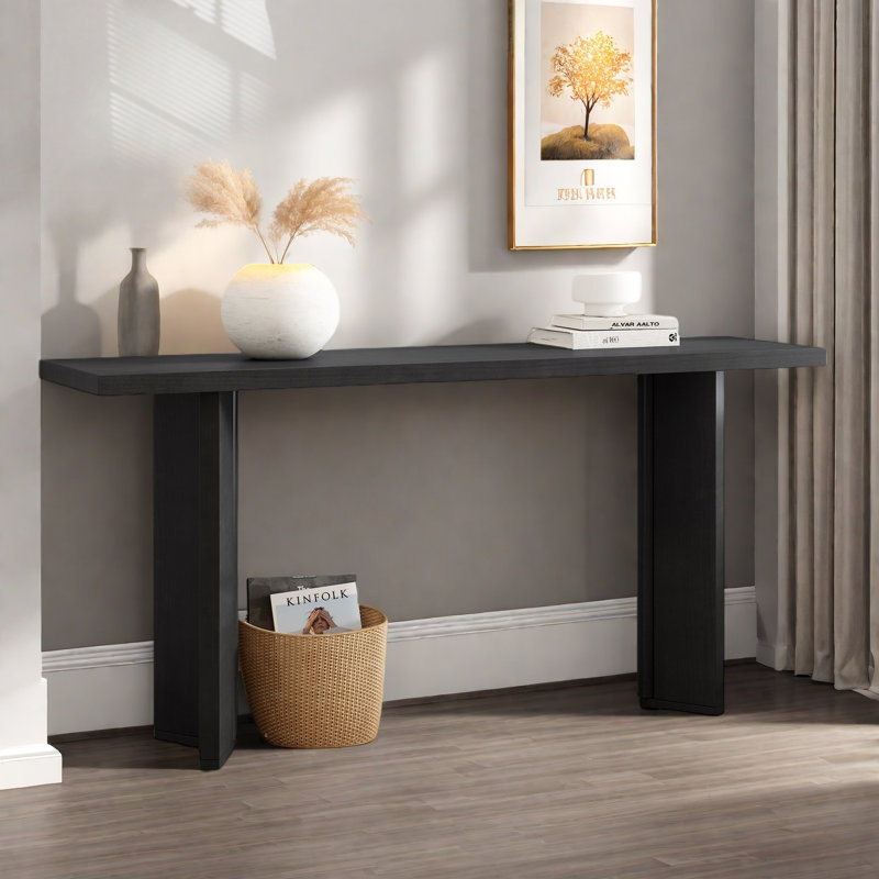 Console moderne avec structure de forme géométrique et grain de bois, Noir