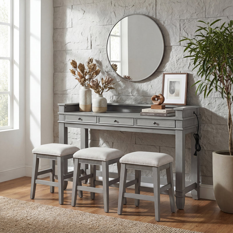 Ensemble de table de salle à manger 4 pièces Retro avec tiroirs de rangement, table et 2 chaises, pour une petite cuisine en gris clair