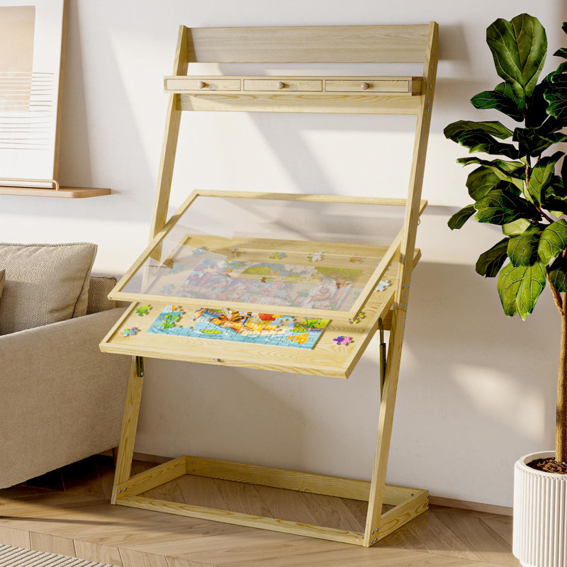 Table de puzzle réglable en bois massif avec tiroirs et tablette de rangement 