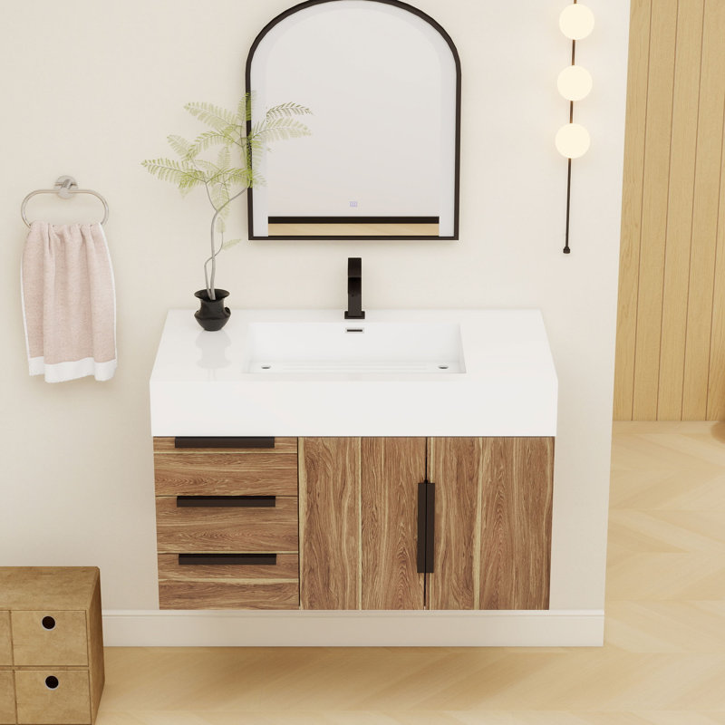Jessica 35.5 " W Free Standing Wall Mounted Single Double Single Vanity Bathroom Vanity With Acrylic Top, Natural Oak