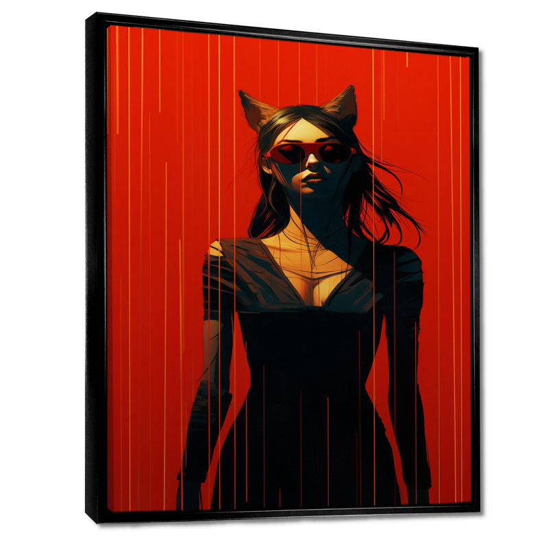 Chat avec femme sur fond rouge rétro - art mural moderne, salon, Cadre flottant noir, H 20 po x l 12 po