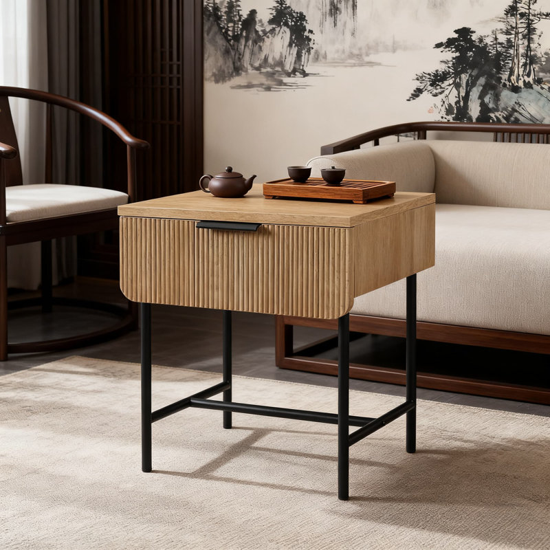Table d'appoint à tiroir cannelée avec base en métal | Table de bout Minimalist Modern | Fabrication en panneau de fibres à densité moyenne et en stratifié résistant à la déformation pour plus de durabilité