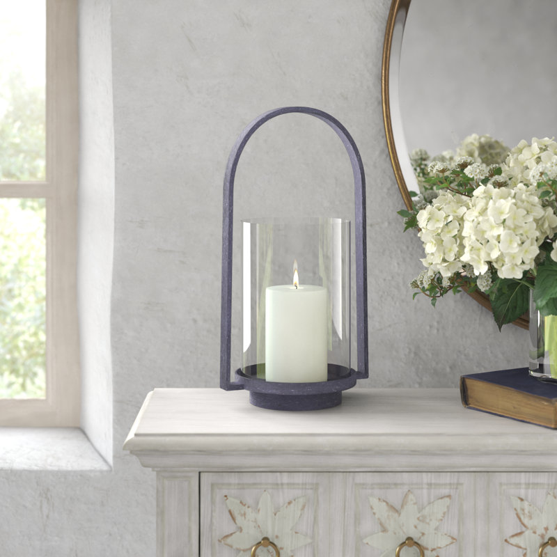 Aged Zinc Finish Tabletop Hurricane Lantern