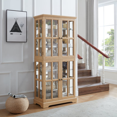 Curio Display Cabinet With Glass Doors, Adjustable Shelves, Four-door Vintage Design, And E26 Bulb Included In Oak