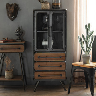 Noir + brun bois massif + fer + vitrines