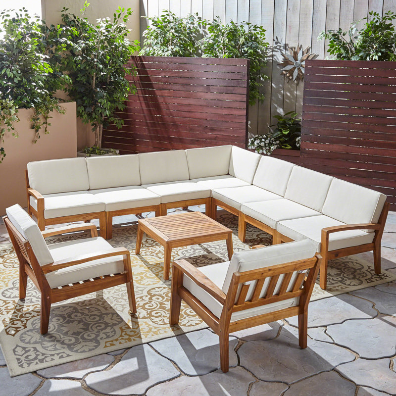 Ensemble de conversation modulaire avec coussins 10 pièces Pazel, Structure teck / coussin beige