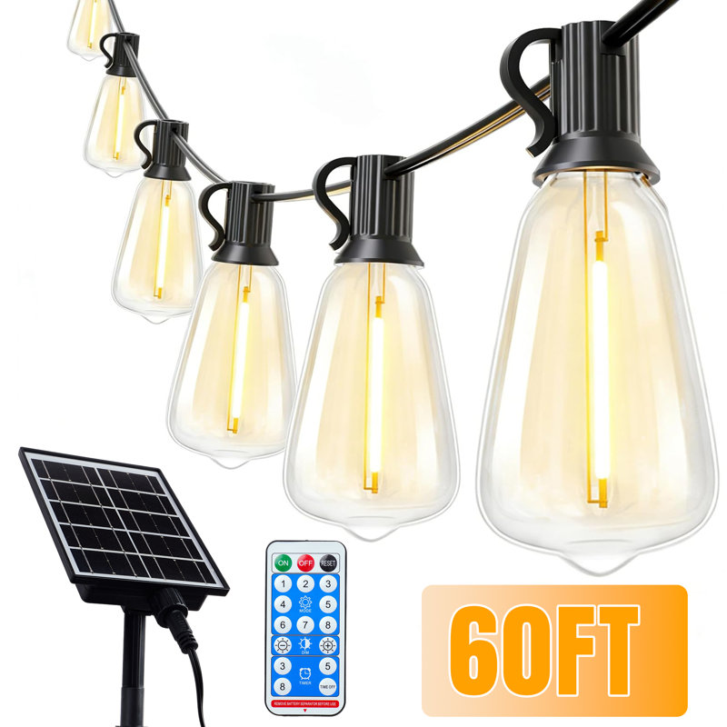 Guirlande solaire 60 pieds, lumières de patio extérieures imperméables avec télécommande, port USB, 15 ampoules incassables à DEL, intensité variable 3 modes