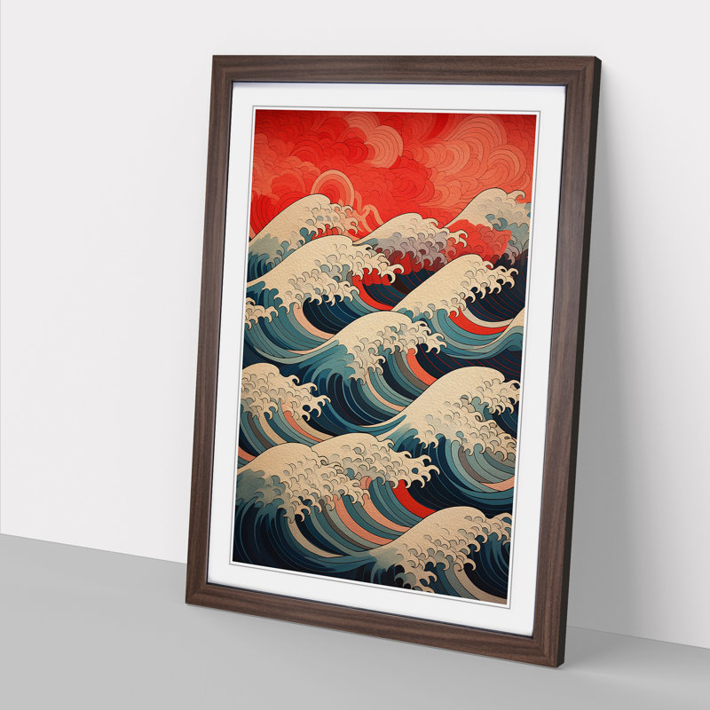 Wave Japanese Geometric - Single Picture Frame Print on Wood, Walnut Framed, 64cm H x 46cm W