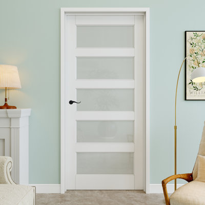 36" x 80" 5-Lite Frosted Glass Interior Prehung Door with Curve Lever and Black Hinges, Privacy Glass Door Slab, Paintable & Waterproof, Suit for Laundry, Closet Doors, Room Doors, Right Hand