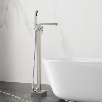 Robinet de baignoire à fixation au sol nickel brossé, noyau en cuivre de haute qualité, soupapes en céramique de précision, tête de robinet rotative à 360 °, nickel facile à installer avec douche à main, matériau en laiton massif, double lisse