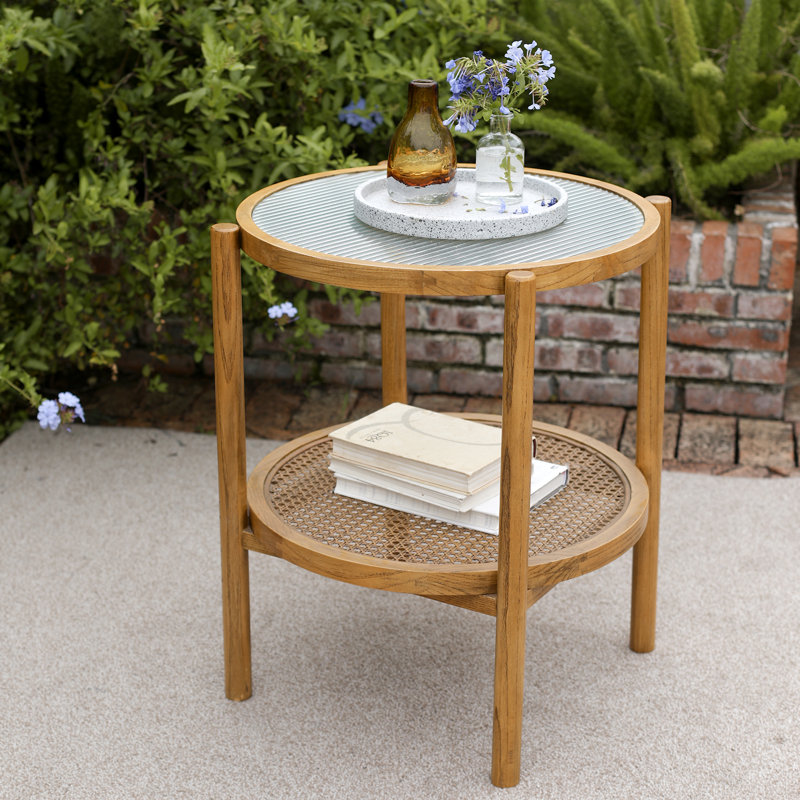 Charie Boho Glass Rattan Wood Round Storage Side End Table