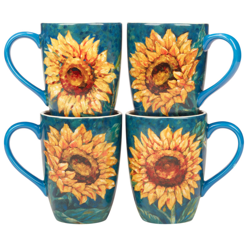 Golden Sunflower Blue Ceramic 20 oz Mug Set