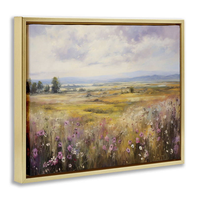 Vast Meadow with Subtle Flowers Floating Frame, design by Franklyn Gregory, 25" H x 31" W, Metallic Gold Floater Frame