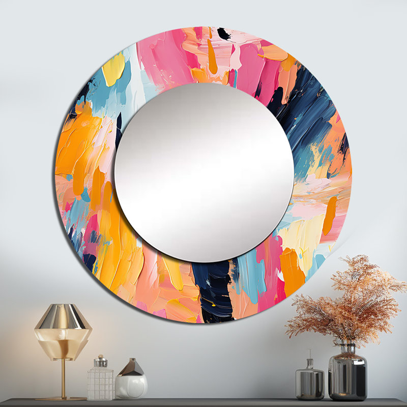 Rufine Colorful Paint Swirl Bliss - Abstract Decorative Wall Mirror, Modern Round Mirror, Printed Metal Art, 23" x 23"