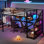 Lit mezzanine double avec bureau et escalier de rangement, lits mezzanine en métal avec lumières à DEL, ports USB, filets en fer multifonctionnels, aucune boîte à ressorts nécessaire et sans bruit, noir