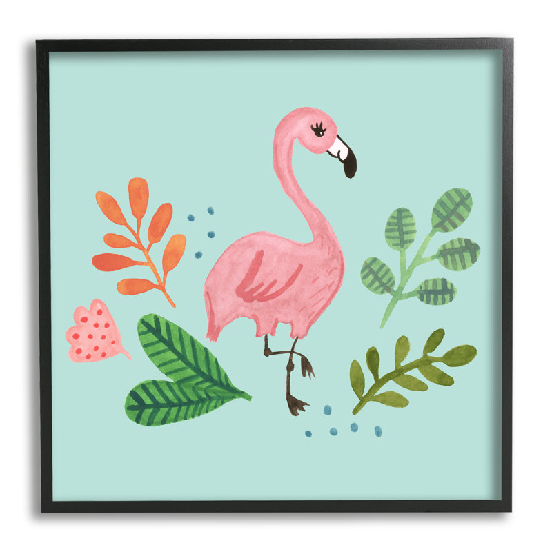 Flamant rose, illustration botanique de la bordure par Heather Strianese - Peinture, H 17 po x l 17 po x P 1,5 po