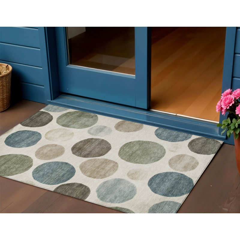 Tapis extérieur lavable à motif géométrique vert ivoire et bleu sarcelle 3 pi x 5 pi