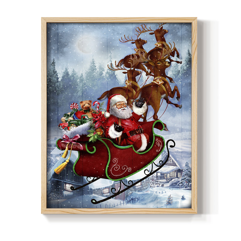 Reproduction encadrée du traîneau du Père Noël - bois massif, Naturel, H 21 po x l 17 po